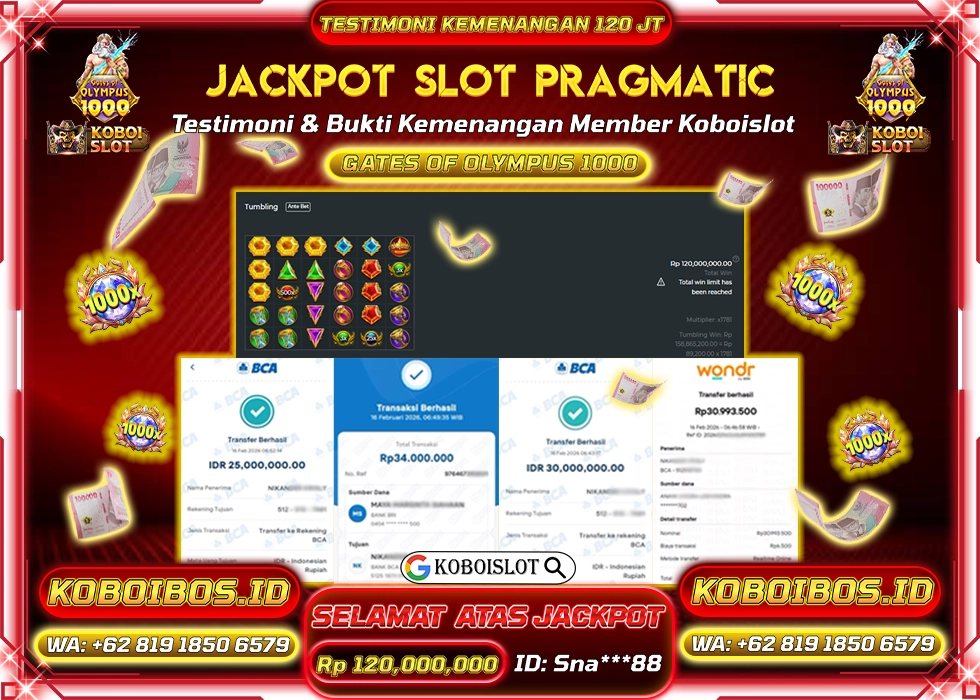 BUKTI KEMENANGAN ID Sna***88 SLOT GACOR GATES OF OLYMPUS 1000 Rp120.000.000,- LUNAS